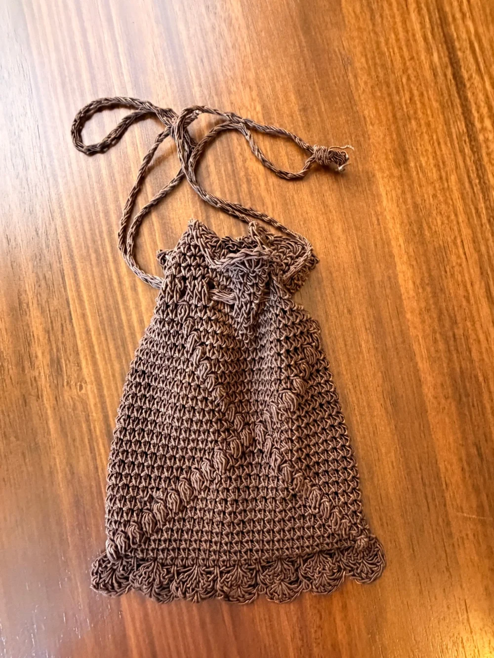 Brown Crochet Drawstring Satchel Bag